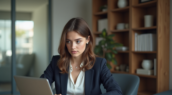 Trouver un stage de dernière minute : conseils et astuces performants Jeune femme concentrée travaillant sur son ordinateur dans un bureau moderne