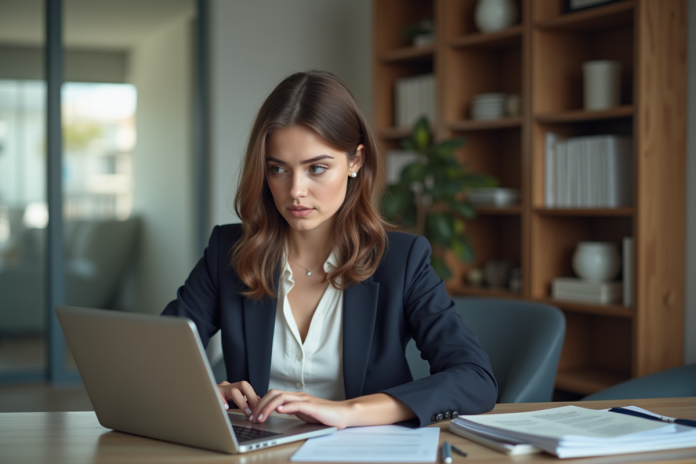 jeune-femme-bureau-ordinateur Jeune femme concentrée travaillant sur son ordinateur dans un bureau moderne