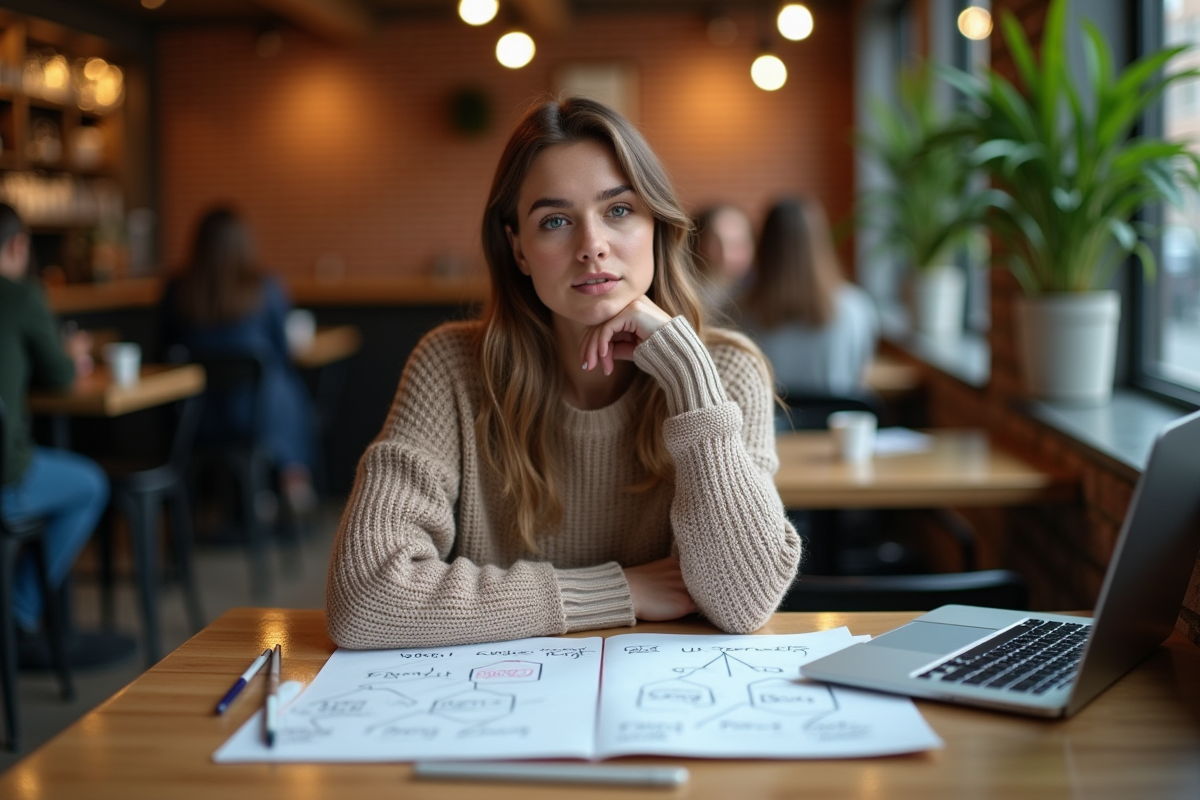 Jeune femme pensant à une décision dans un café urbain