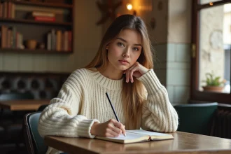 Jeune femme écrivant dans un carnet dans un café espagnol