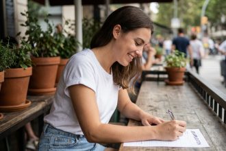 Jeune femme souriante remplissant une candidature à un café