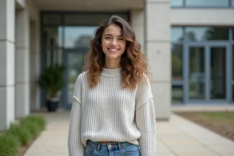 Jeune femme souriante devant l'école Esterel Aix Mille