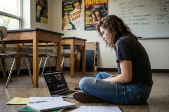Jeune femme en classe de film en train d’éditer des vidéos