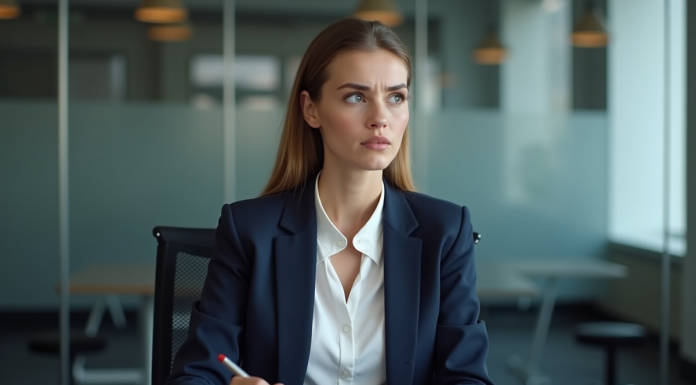 Questions à éviter en entrevue : erreurs à ne pas commettre Jeune femme nerveuse lors d'un entretien en bureau moderne