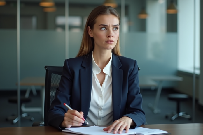 jeune-femme-entretien-bureau Jeune femme nerveuse lors d'un entretien en bureau moderne