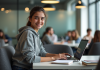 Comment MJM Cloud facilite-t-il la vie des étudiants ? Jeune femme en hoodie concentrée sur son ordinateur dans un espace étudiant