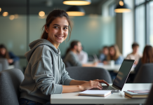 Jeune femme en hoodie concentrée sur son ordinateur dans un espace étudiant