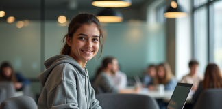 Jeune femme en hoodie concentrée sur son ordinateur dans un espace étudiant