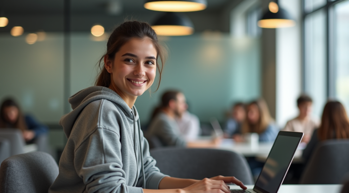 Comment MJM Cloud facilite-t-il la vie des étudiants ? Jeune femme en hoodie concentrée sur son ordinateur dans un espace étudiant