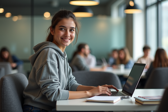 Jeune femme en hoodie concentrée sur son ordinateur dans un espace étudiant