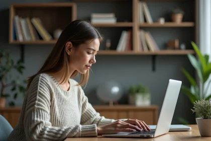 Jeune femme concentrée travaillant sur un ordinateur dans un bureau cosy