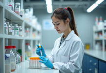 Jeune femme scientifique pipetant dans un laboratoire moderne