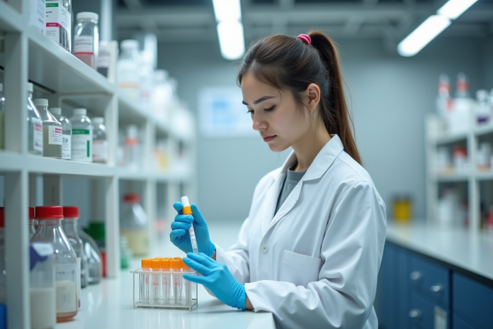 jeune-femme-laboratoire-pipetage Jeune femme scientifique pipetant dans un laboratoire moderne