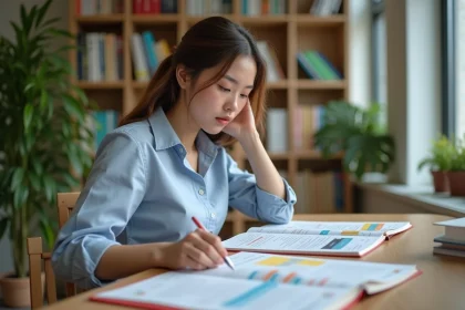 Jeune femme en bibliothèque étudiant avec livres colorés