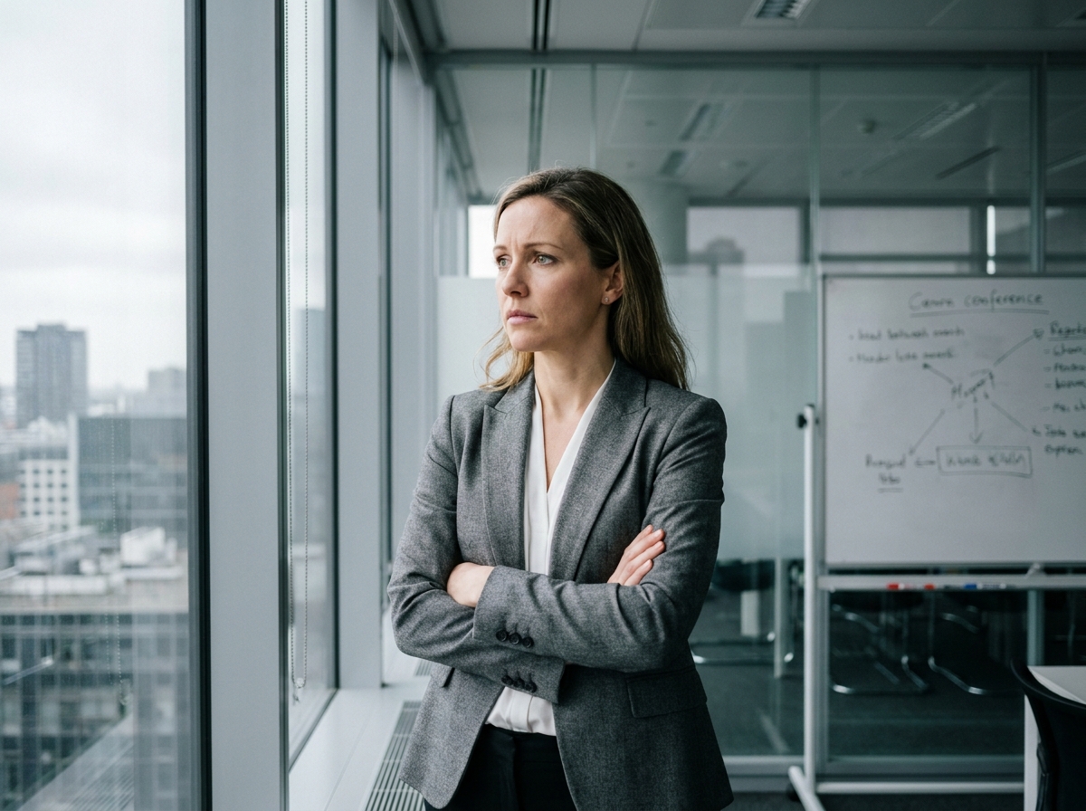 Jeune femme manager regardant par la fenetre en conference