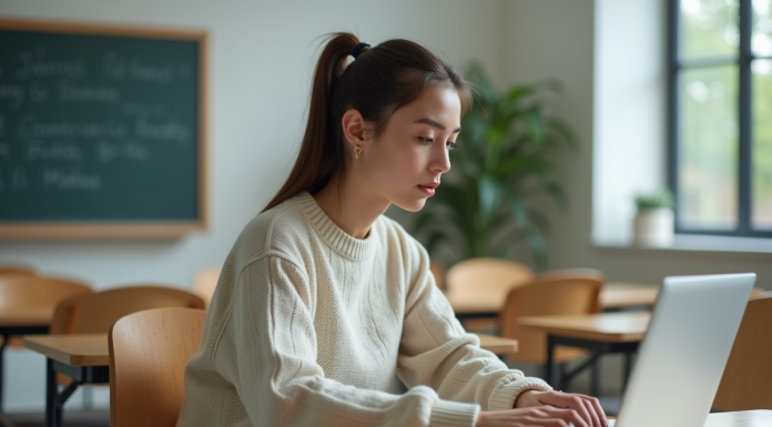 Jeune femme utilisant un ordinateur dans une salle de classe lumineuse
