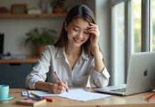 Jeune femme souriante remplissant un document officiel dans un bureau organisé