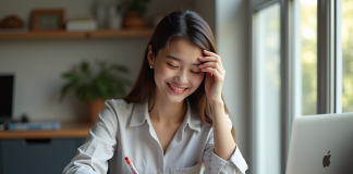 Jeune femme souriante remplissant un document officiel dans un bureau organisé