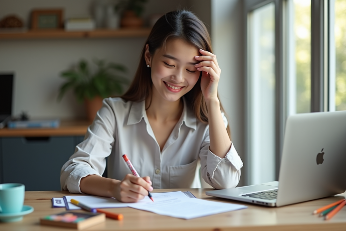 Jeune femme souriante remplissant un document officiel dans un bureau organisé