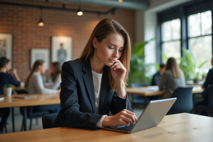 Jeune femme en coworking attentivement sur une tablette