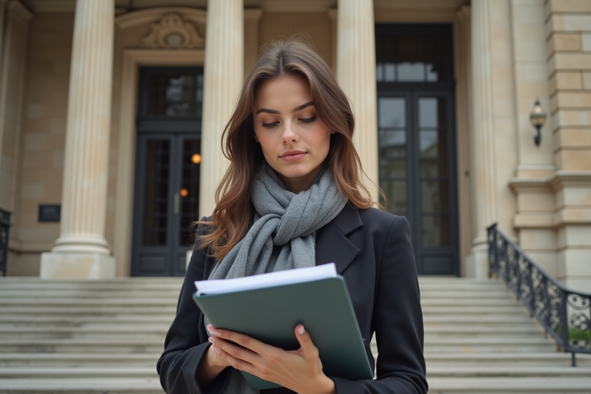 Jeune femme en extérieur devant un tribunal français