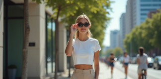 Jeune femme en ville ajustant ses lunettes avec style