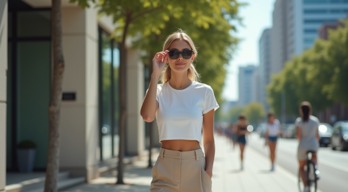 Tendances mode : comment bien porter un crop top pour être stylée ? Jeune femme en ville ajustant ses lunettes avec style