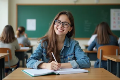 Jeune femme écrivant des verbes ir en français en classe