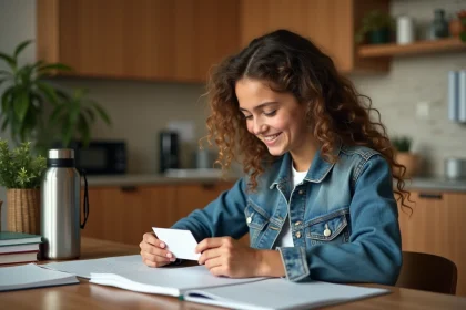 Jeune fille souriante examine sa carte scolaire à la maison
