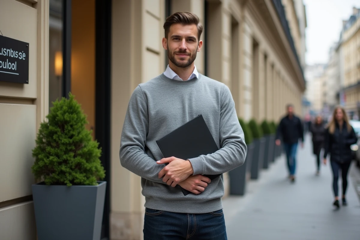 Jeune homme en alternance marketing digital devant l'entrée d'une école de commerce à Paris tenant un dossier de candidature
