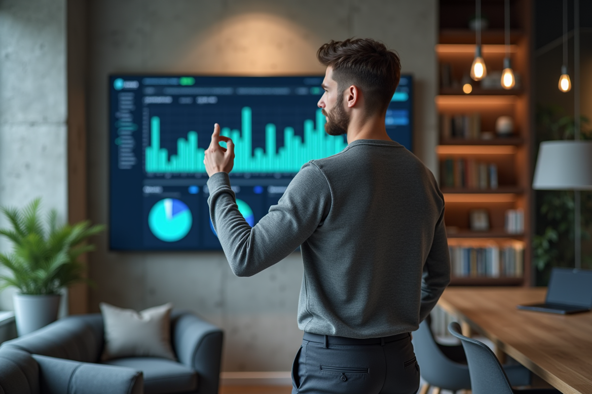 Jeune homme analysant un tableau financier dans un espace de coworking