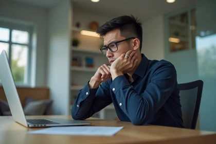 Jeune homme professionnel regardant un ordinateur avec frustration