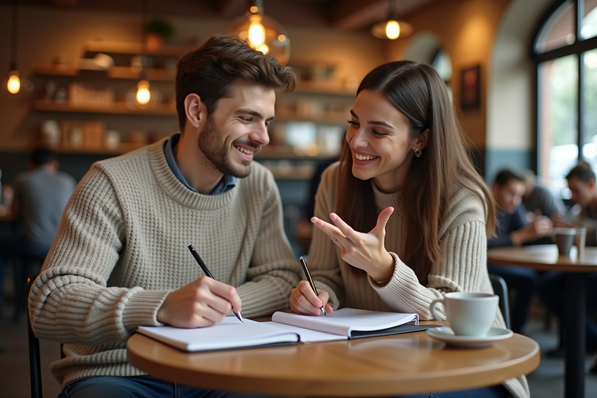 Jeune homme prenant des notes avec une coach dans un café chaleureux