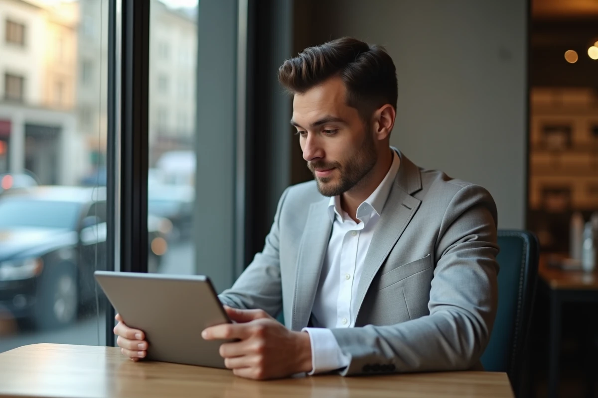 Jeune homme mettant à jour son CV sur une tablette au café