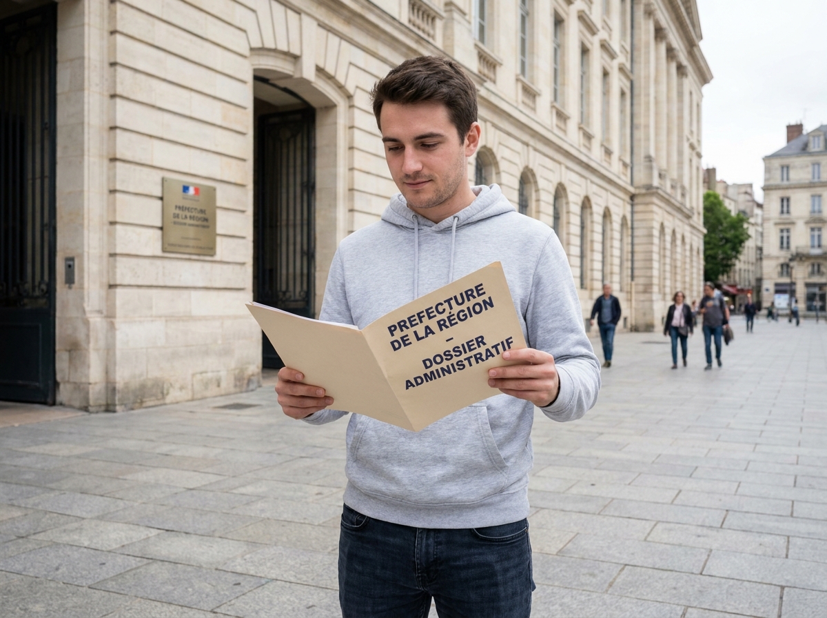 Jeune homme consultant un dossier d'aide régionale pour le permis de conduire devant un bâtiment administratif