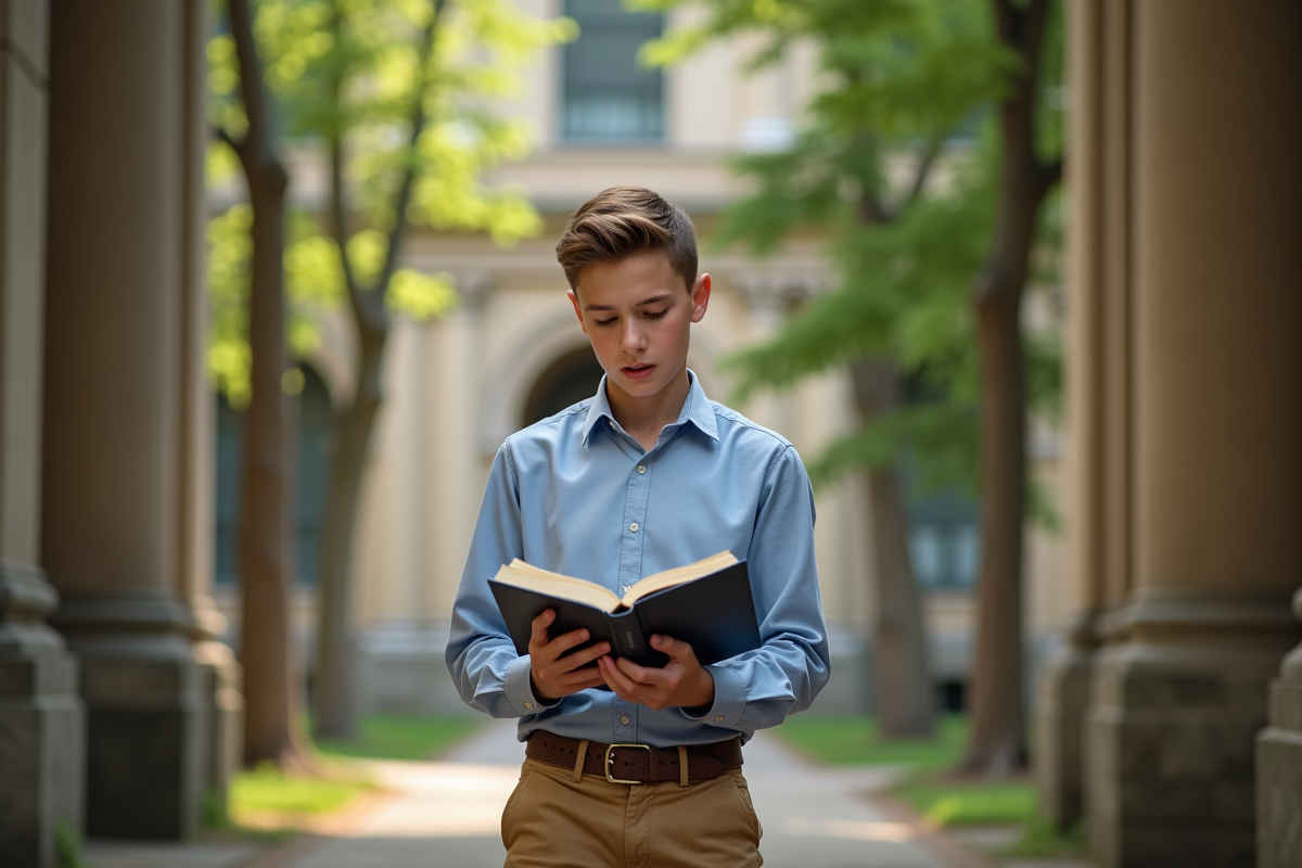 Jeune garçon lisant un livre dans un environnement universitaire