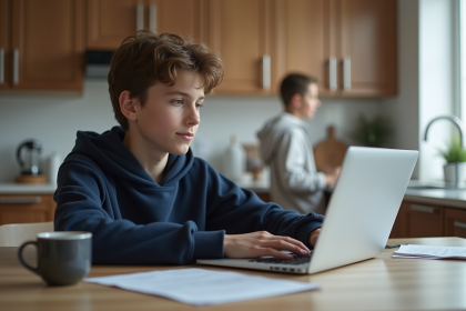 Adolescent brun en hoodie assis à la cuisine avec ordinateur