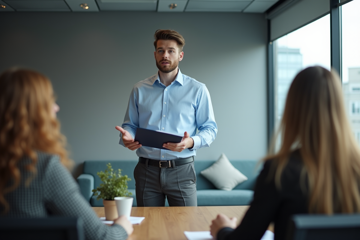 Jeune homme donnant une présentation dans une salle de réunion