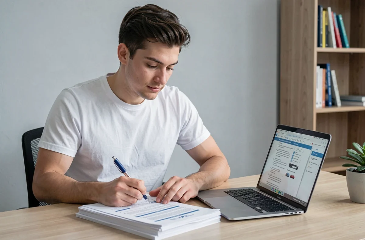 Jeune homme annotant des questions de permis de conduire en PDF imprimées sur un bureau à domicile avec un ordinateur portable ouvert