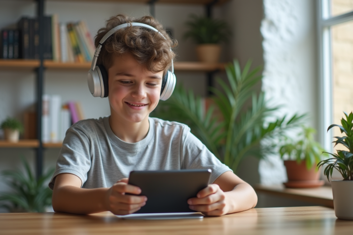 jeune-homme-tablette-educative Jeune garçon avec casque et T-shirt regardant une tablette éducative