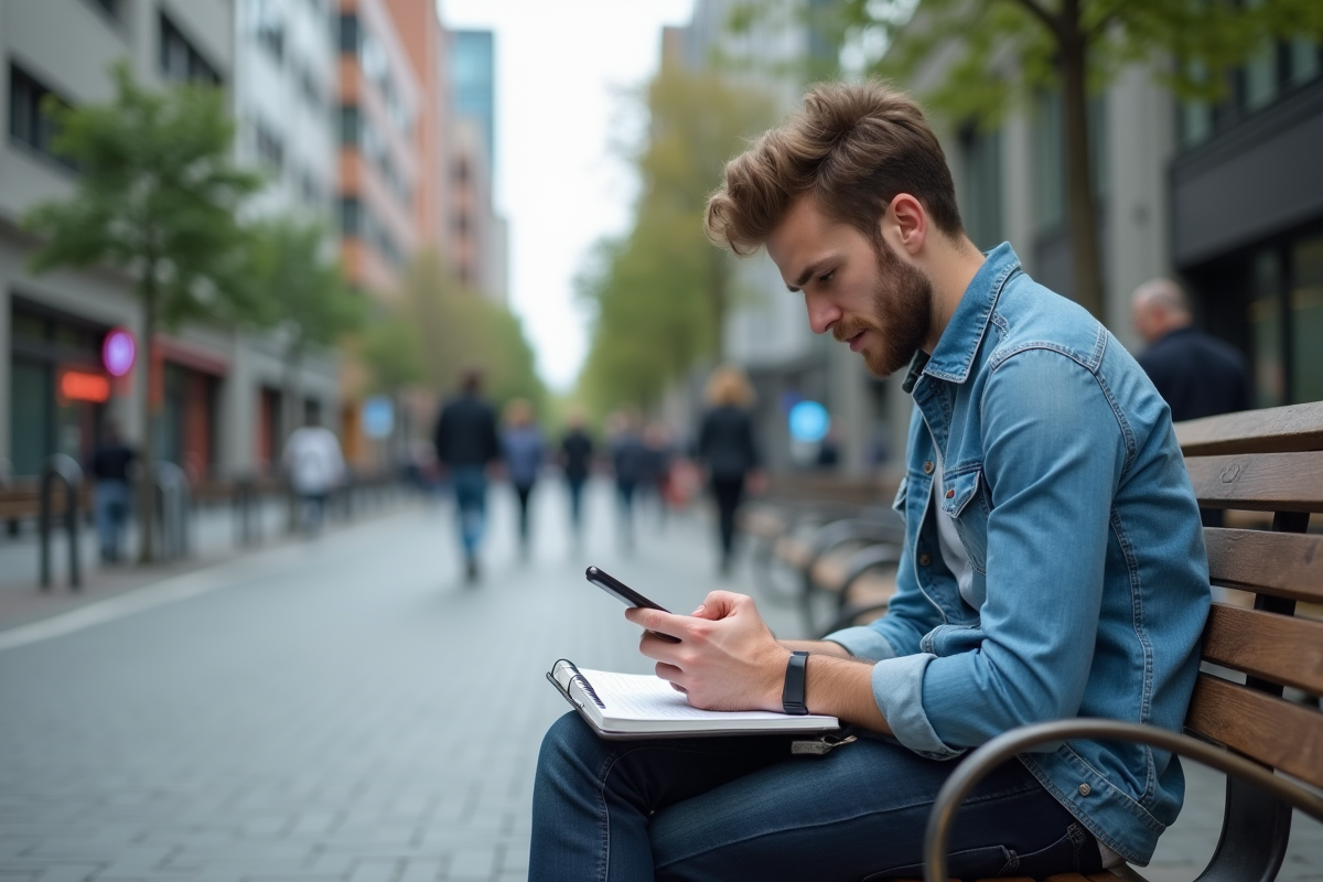 Jeune homme assis sur un banc en ville utilisant son smartphone