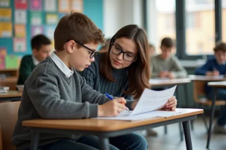 Jeune garçon avec sa mère dans une classe moderne
