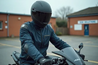 Jeune homme en tenue moto complète devant une moto A2 dans un parking d'auto-école