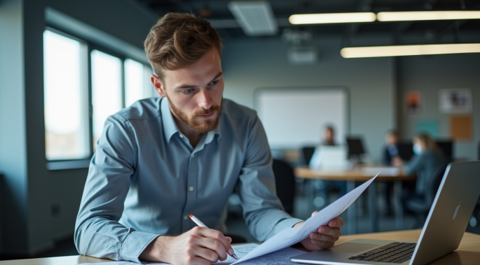Jeune professionnel en bureau d'ingénierie examinant des plans mécaniques