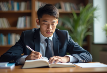 Jeune professionnel en droit étudiant à un bureau lumineux