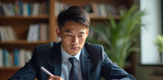 Jeune professionnel en droit étudiant à un bureau lumineux