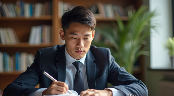 Jeune professionnel en droit étudiant à un bureau lumineux