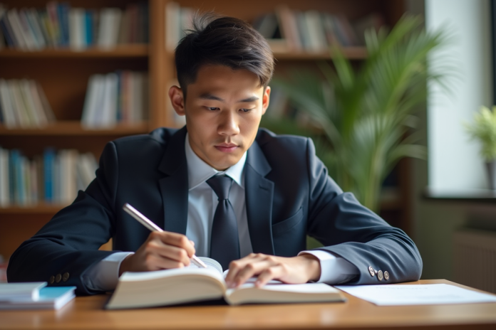 Jeune professionnel en droit étudiant à un bureau lumineux