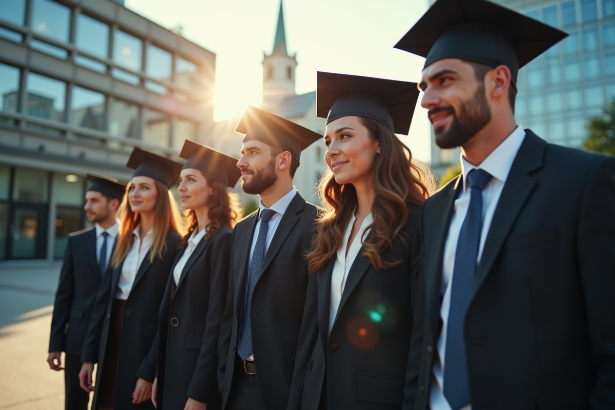 Groupe de jeunes diplômés devant un bâtiment moderne en extérieur