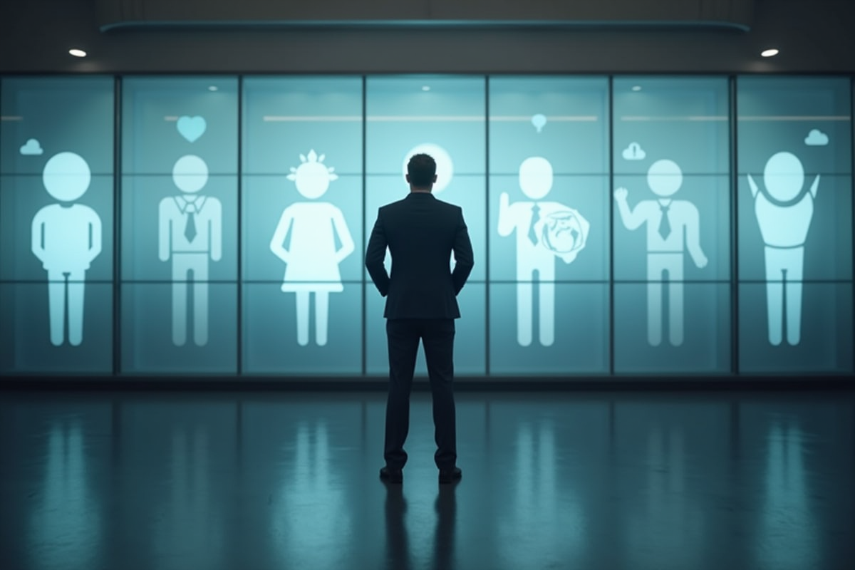 Leader inspirant devant un mur avec icones de leadership